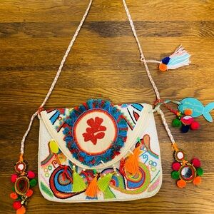 Colorful Beaded Women's Bag with Straps and Pom Poms